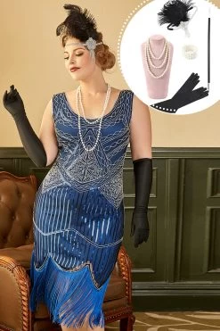 Royal Blue Pailletten 1920s Plus Size Gatsby Jurk Met 20s Accessoires Set