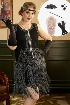 Zwarte Franjes 1920s Plus Size Gatsby Jurk Met 20s Accessoires Set
