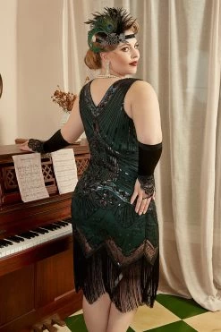 Donkergroene Pailletten 1920s Plus Size Flapper Jurk Met 20s Accessoires Set -Jurken Korting Winkel YYZLHB230109 3