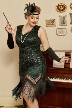 Donkergroene Pailletten 1920s Plus Size Flapper Jurk Met 20s Accessoires Set -Jurken Korting Winkel YYZLHB230109 4