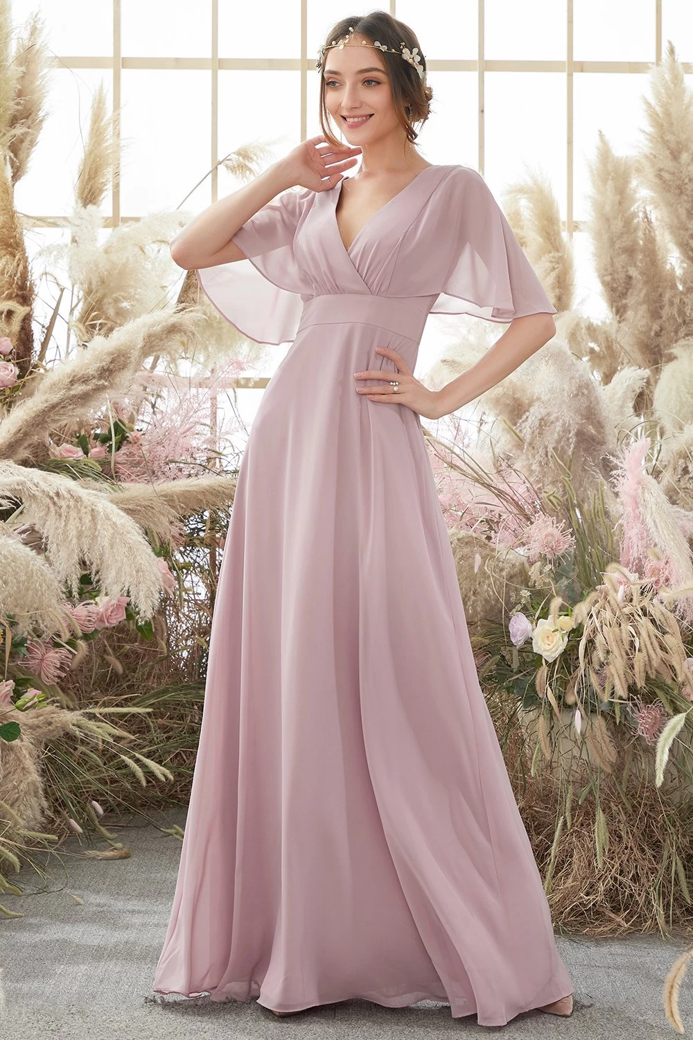 Blush Batwing Mouwen Chiffon Bridesmaid Jurk 10 Blush Batwing Mouwen Chiffon Bridesmaid Jurk - Afbeelding 8