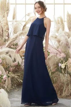Halter Marine Blauwe Chiffon Bruidsmeisjes Jurk -Jurken Korting Winkel ZDGAS156155Navy 3