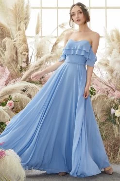 Off-Shoulder Blauwe Chiffon Bruidsmeisjes Jurk