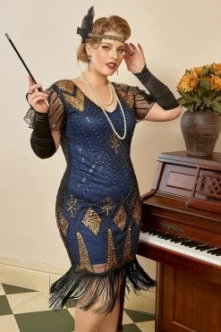 Blauwe Franjes Pailletten Grote Maat 1920s Jurk -Jurken Korting Winkel ZPKAV045 20Blue 5