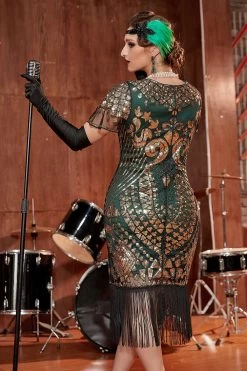 Ronde Hals Pailletten Jaren 1920 Jurk -Jurken Korting Winkel ZPKAV118GoldenBlack 4