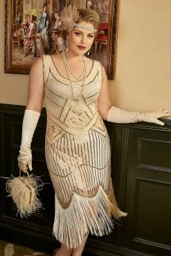 Abrikoos Pailletten Franjes Grote Maat 1920s Flapper Jurk