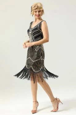 Rode En Zwarte Diepe V-hals Flapper Jaren 1920 Jurk -Jurken Korting Winkel ZPKAV62 black 3