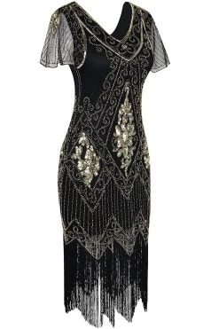 V Hals Zwart Jaren 1920 Flapper Jurk -Jurken Korting Winkel ZPKCGZL21270 Black 2