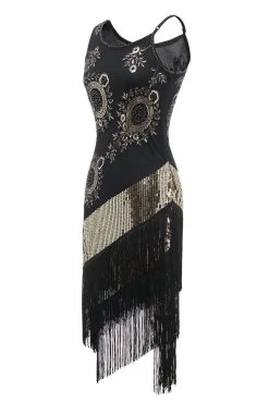 Zwarte Fringe Pailletten Gatsby Jurk -Jurken Korting Winkel ZPKCGZL21279 BlackGolden 2