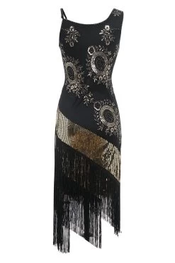 Zwarte Fringe Pailletten Gatsby Jurk -Jurken Korting Winkel ZPKCGZL21279 BlackGolden 3