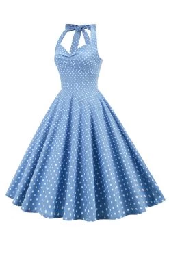 Retro Polka Dots Halter Open Rug Jurk -Jurken Korting Winkel ZPKCGZL21689 Blue Small White Dot 2
