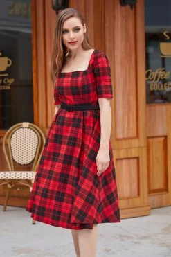 Rode Plaid Vierkante Hals Jaren 1950 Jurk -Jurken Korting Winkel ZPKYYLH20383 2