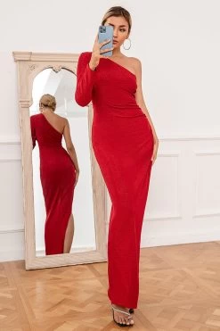 Schede Een Schouder Rode Lange Galajurk Met Split -Jurken Korting Winkel ZPKYYLH20430 Red 3
