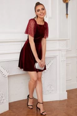 Burgundy Fluweel Mini Jurk -Jurken Korting Winkel ZPKYYZL017 2