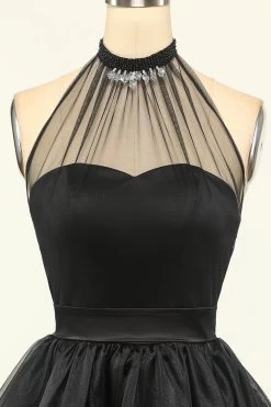 Halter Zwarte Tule Korte Galajurk -Jurken Korting Winkel ZPKYYZL036 Black2