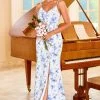 Schede Spaghetti Bandjes Blauw Bloemenprint Lange Bruidsmeisje Jurk Met Split -Jurken Korting Winkel ZPKYYZL065 Blue 2