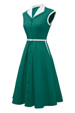 Revers Hals Groene Swing Jaren 1950 Jurk Met Riem -Jurken Korting Winkel ZPKYYZL082 20 20Green 9 1