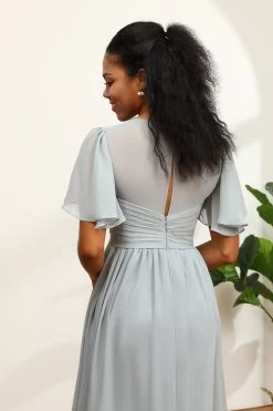 Grijze V-hals Chiffon A-Line Bruidsmeisje Jurk -Jurken Korting Winkel ceyy482 Grey 6