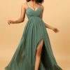 A Line Spaghetti Straps Eucalyptus Lange Bruidsmeisje Jurk Met Split Front -Jurken Korting Winkel ceyy823 Eucalyptus 1