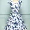 Jaren 50 Swing Jurk Met Bloemenprint -Jurken Korting Winkel white blue flower 901643
