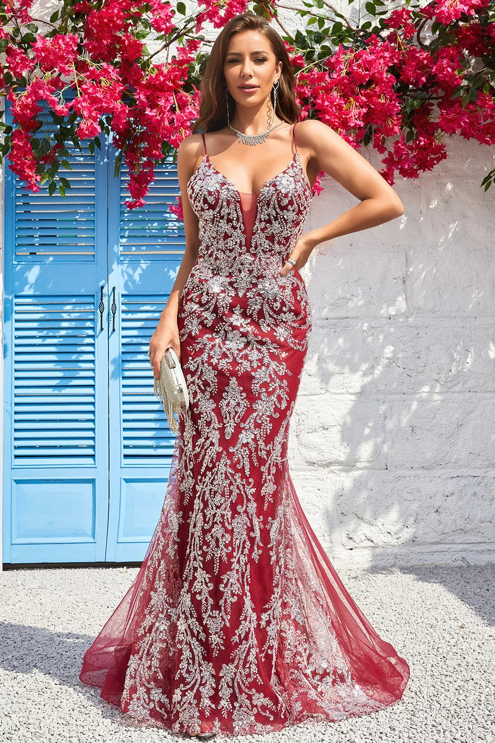 Zeemeermin Spaghetti Bandjes Bordeaux Lange Galajurk Met Open Rug 7 Zeemeermin Spaghetti Bandjes Bordeaux Lange Galajurk Met Open Rug - Afbeelding 5